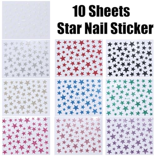 10 Sheets Star Nail Art Stickers 3D Self Adhesive Shinny Glitter Star Style-7