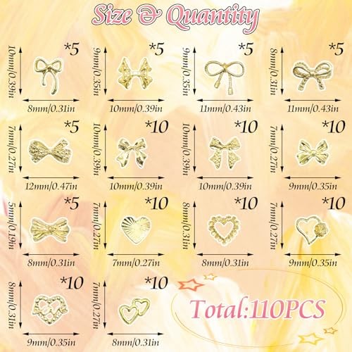 110Pcs Bow Heart Nail Charms Gold 3D Metal Bow Charm for Nails Flatback Heart