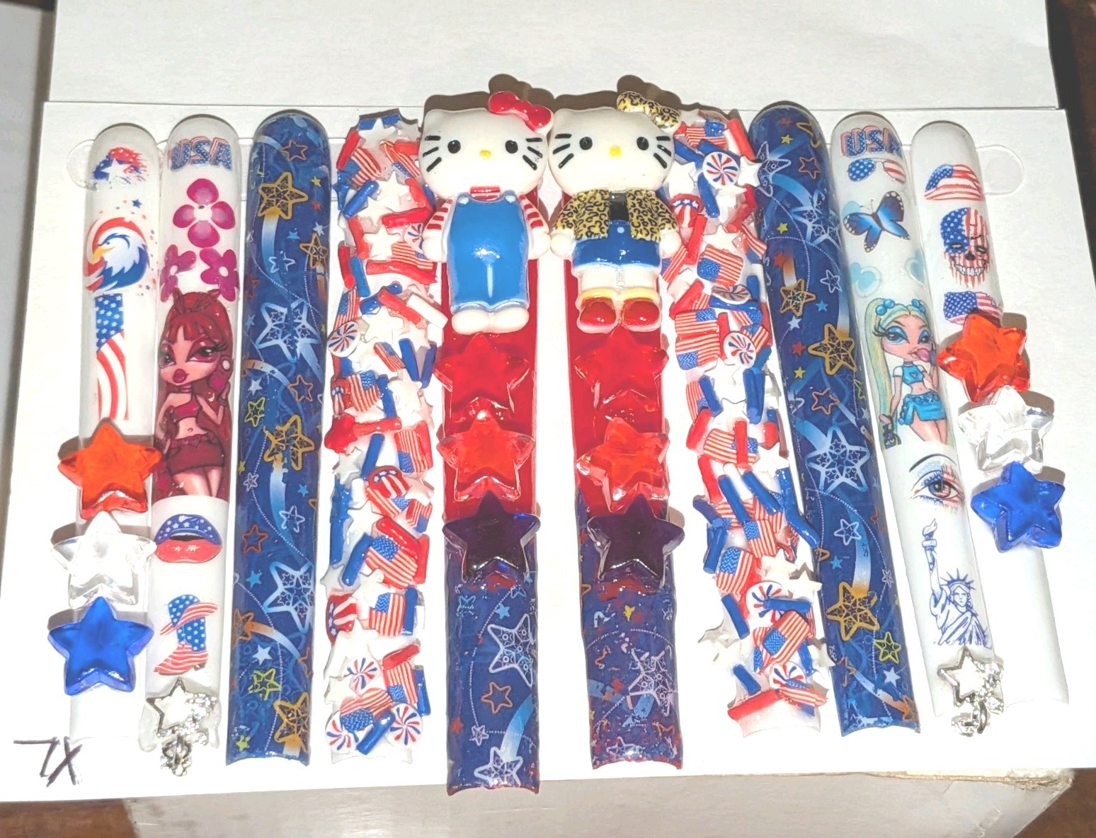 Hand Crafted Patriotic 6Xl Press-On Nails Set — Red,White & Blue Stars SZ XL
