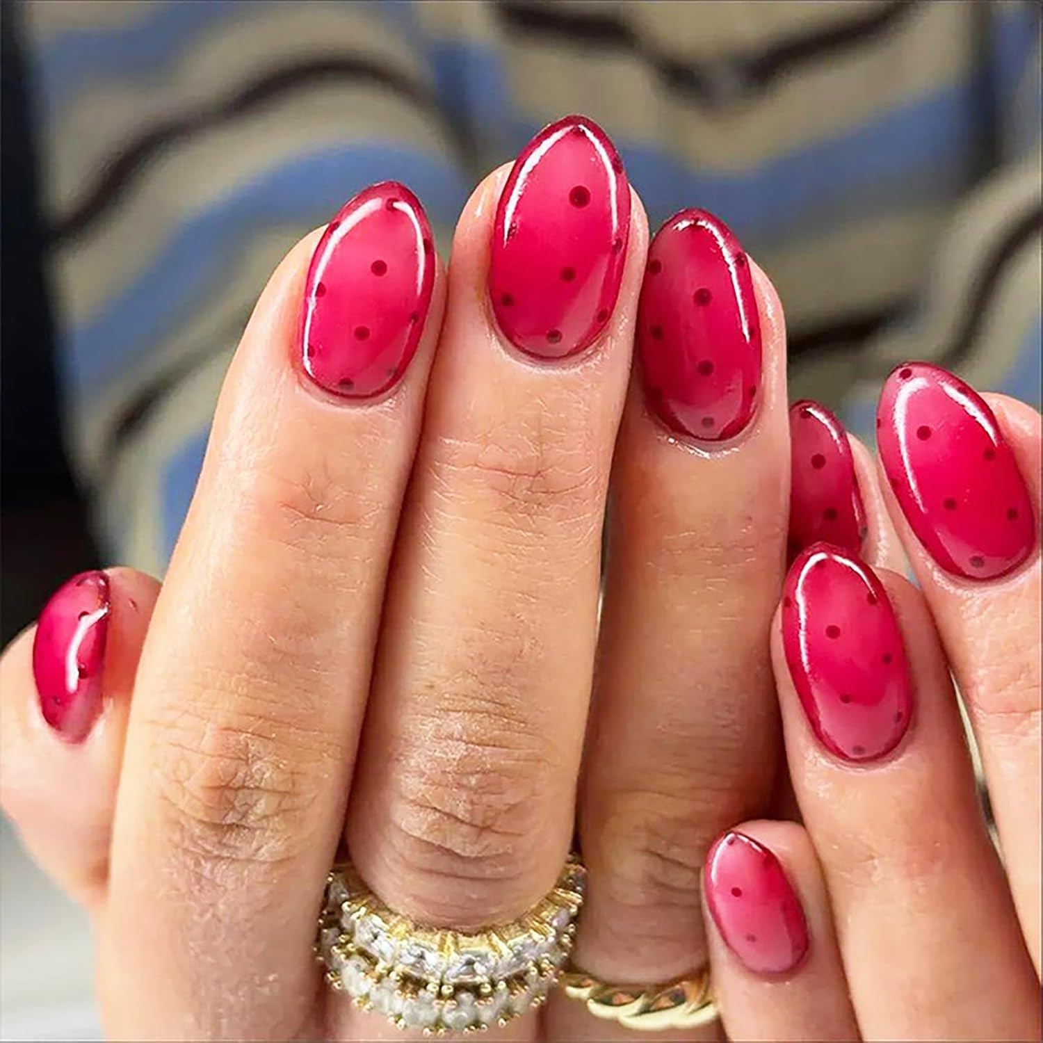 24Pcs Rose Red Press on Nails,Short Oval Fake Nails with Brown Polka Dots Design