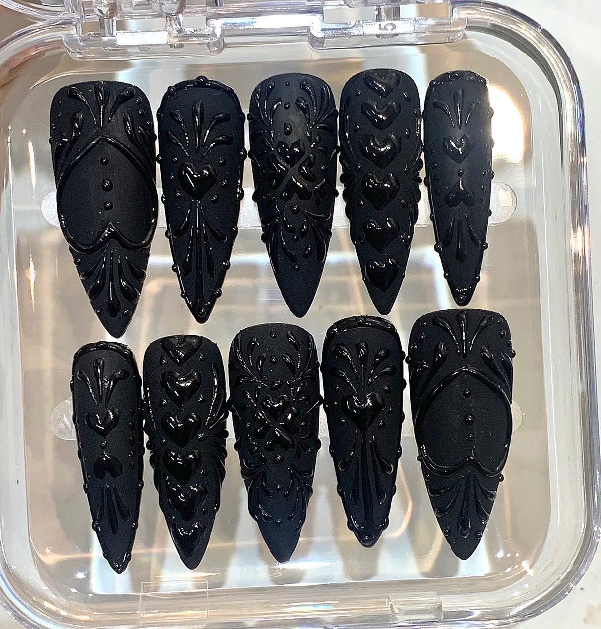 Custom Handmade Halloween 3D Embossed Heart Gothic Stiletto Press on Nails