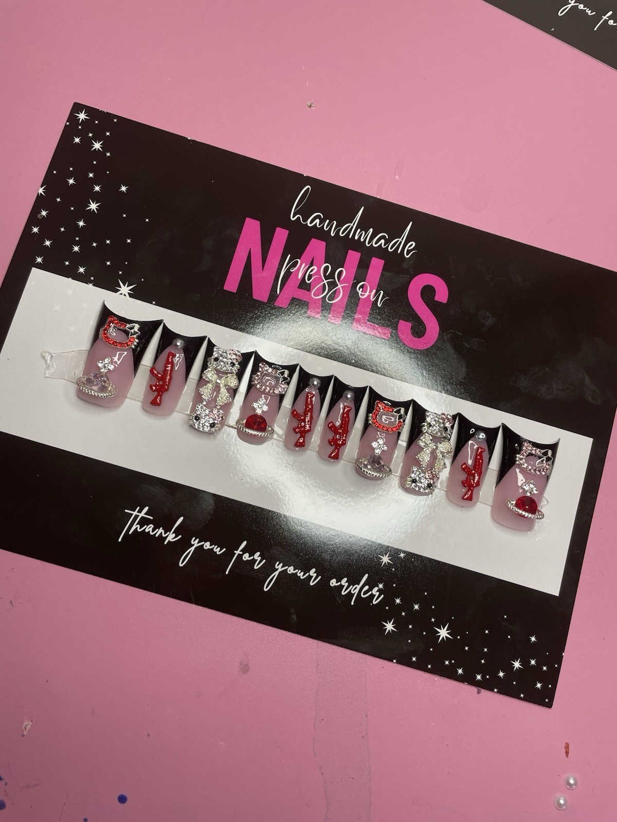 Pink Red Black Silver 3D Heart Rhinestone Press-On Nails Long Square Full Cover