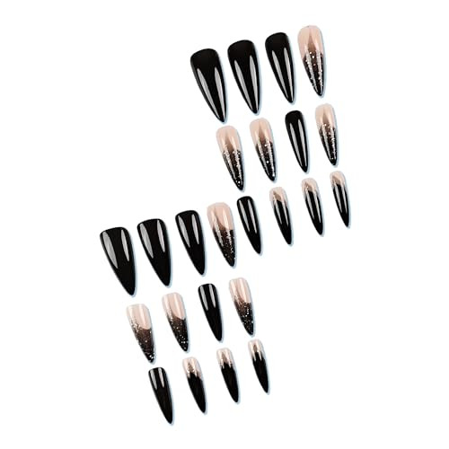 Long Stiletto Press on Nails Black French Tip Fake Nails Glitter Glue on