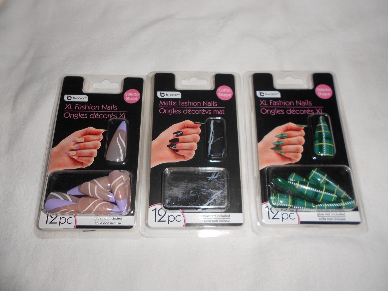 Lot 3 12pk B-Color XL Green Plaid, Purple Tip & Black Marble Fashion Nails NEW