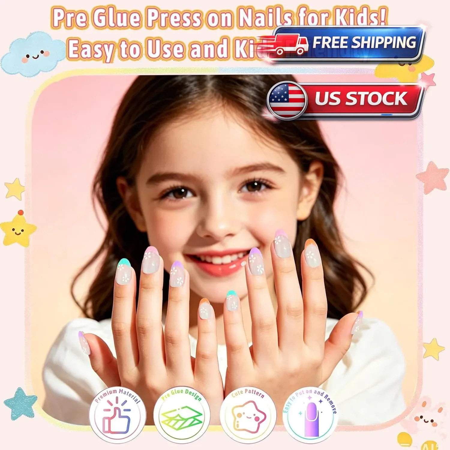78 Pcs Press-On Nails for Kids, 3 Pack Colorful Flower Nail Kit with Glue
