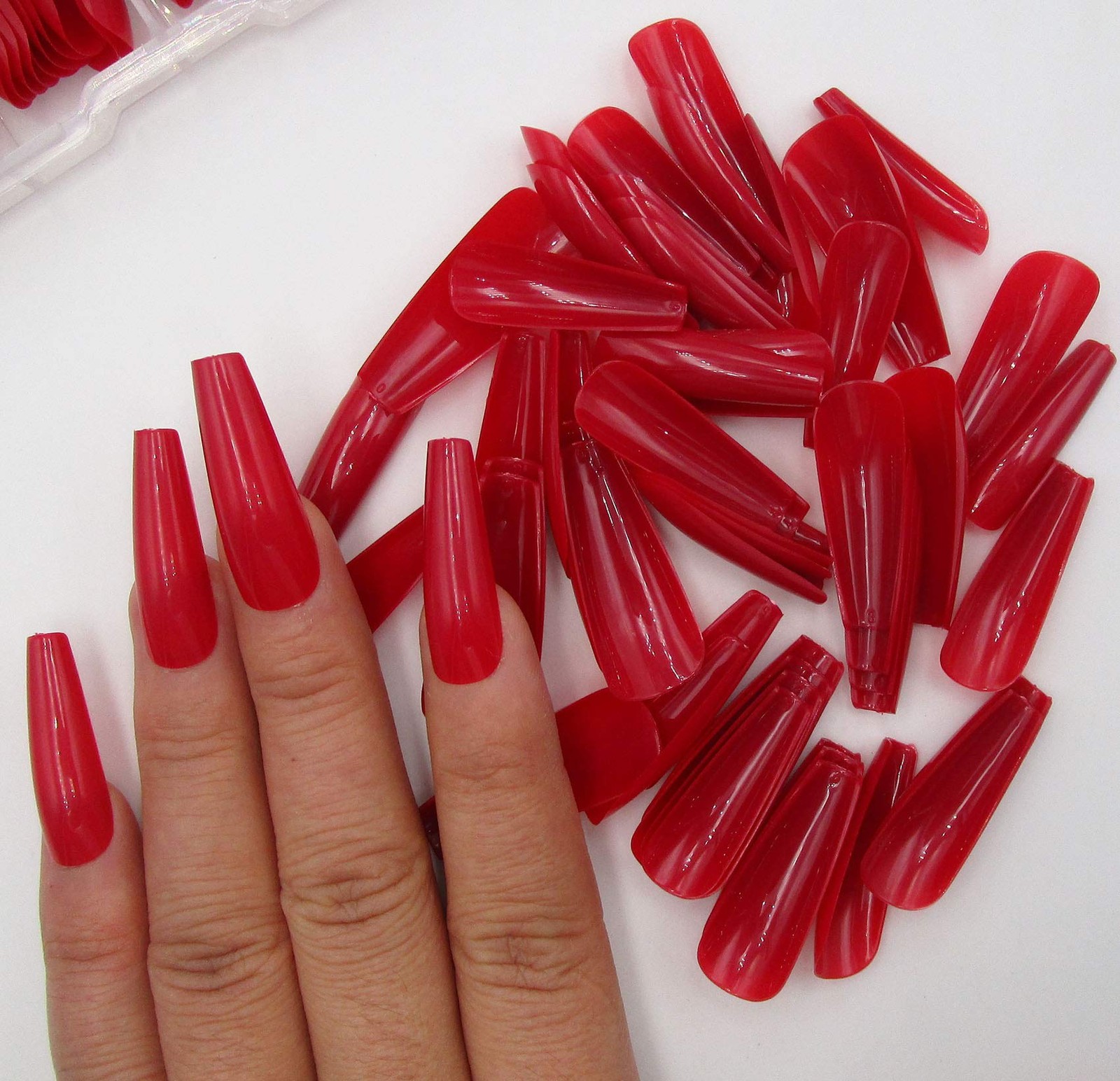 100Pc Red Press on Coffin Nails Long Ballerina Shaped Artificial Fingernails Col