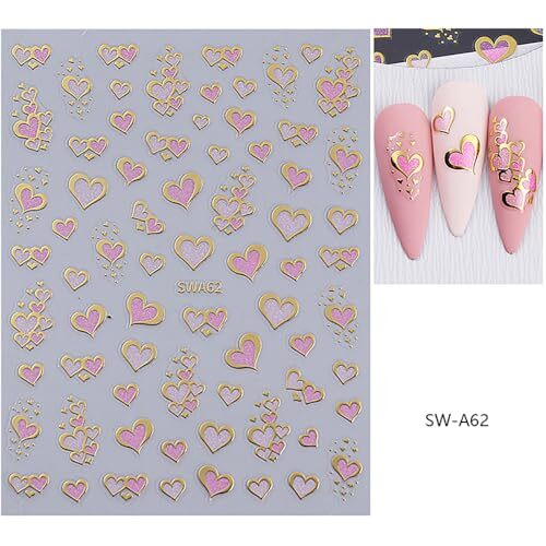 6Sheets Valentines Nail Art Stickers Gold Heart Nail Decals 3D lovely heart