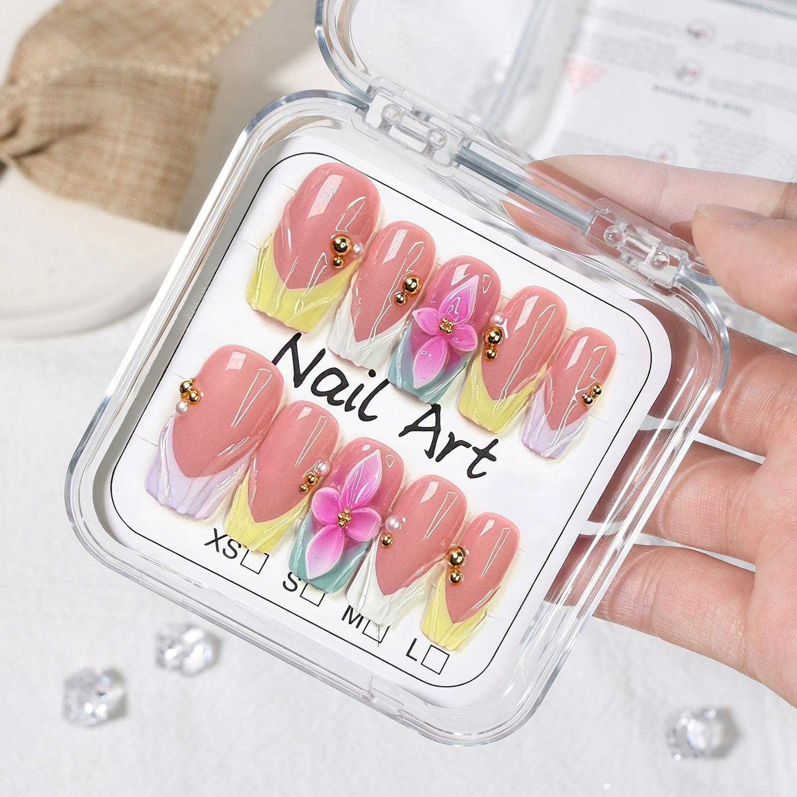 10 Pcs Medium Square Press-On Nails, 3D Flower Colorful French Tips, Acrylic M S
