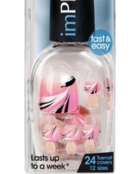Kiss ImPress Press-On Pedicure Toenails (Pink w/ Black & White Design) Lot of 3