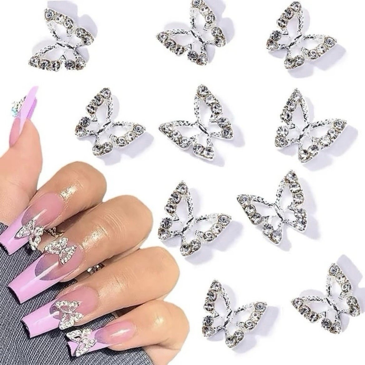 New Sparkly Silver 3D Crystal Gem 10pcs Butterfly Design Nail Art DIY Crafts