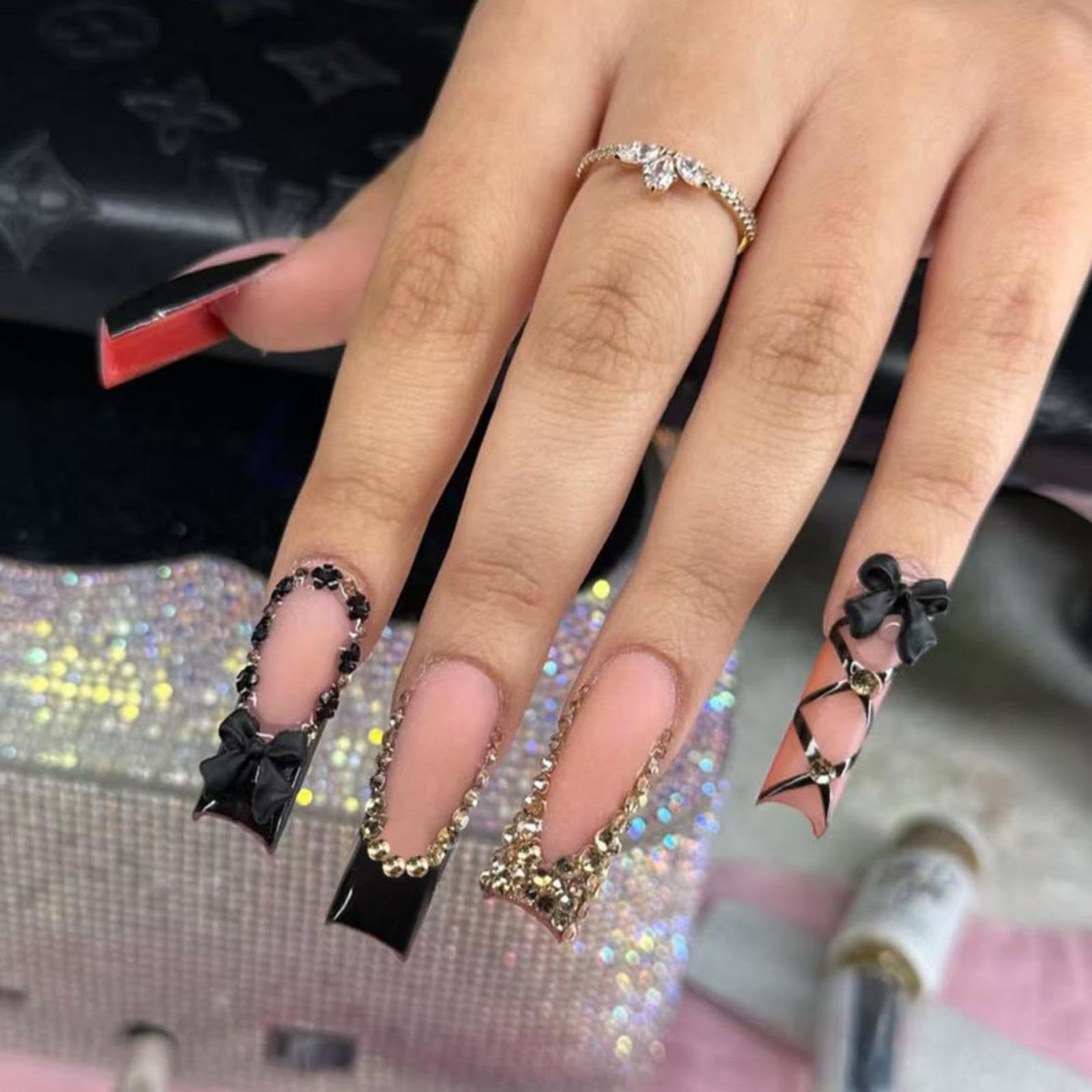 Black French Tips Press on Nails Long Square False Nails with Bow Charm Desig…