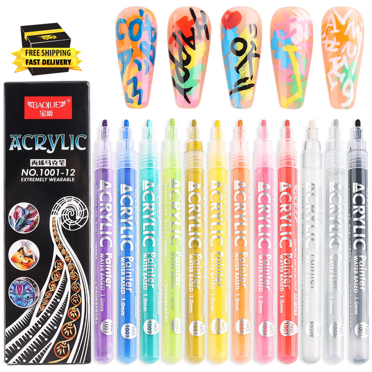 Nail Art Graffiti Pen Set 12Pcs Waterproof Drawing Markers Neon Enamels Black Wh
