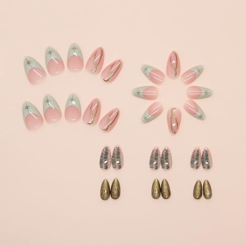 Green Almond Press on Nails Short Medium French Tip Ombre Green and Gold Leaf