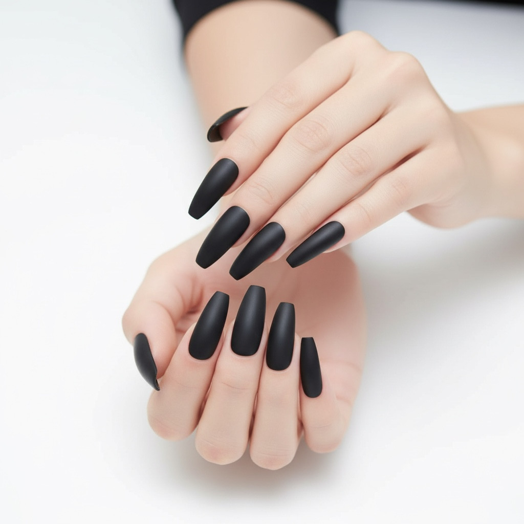 Black Matte Halloween Design Coffin Ballerina Extra Long Press On False Nails