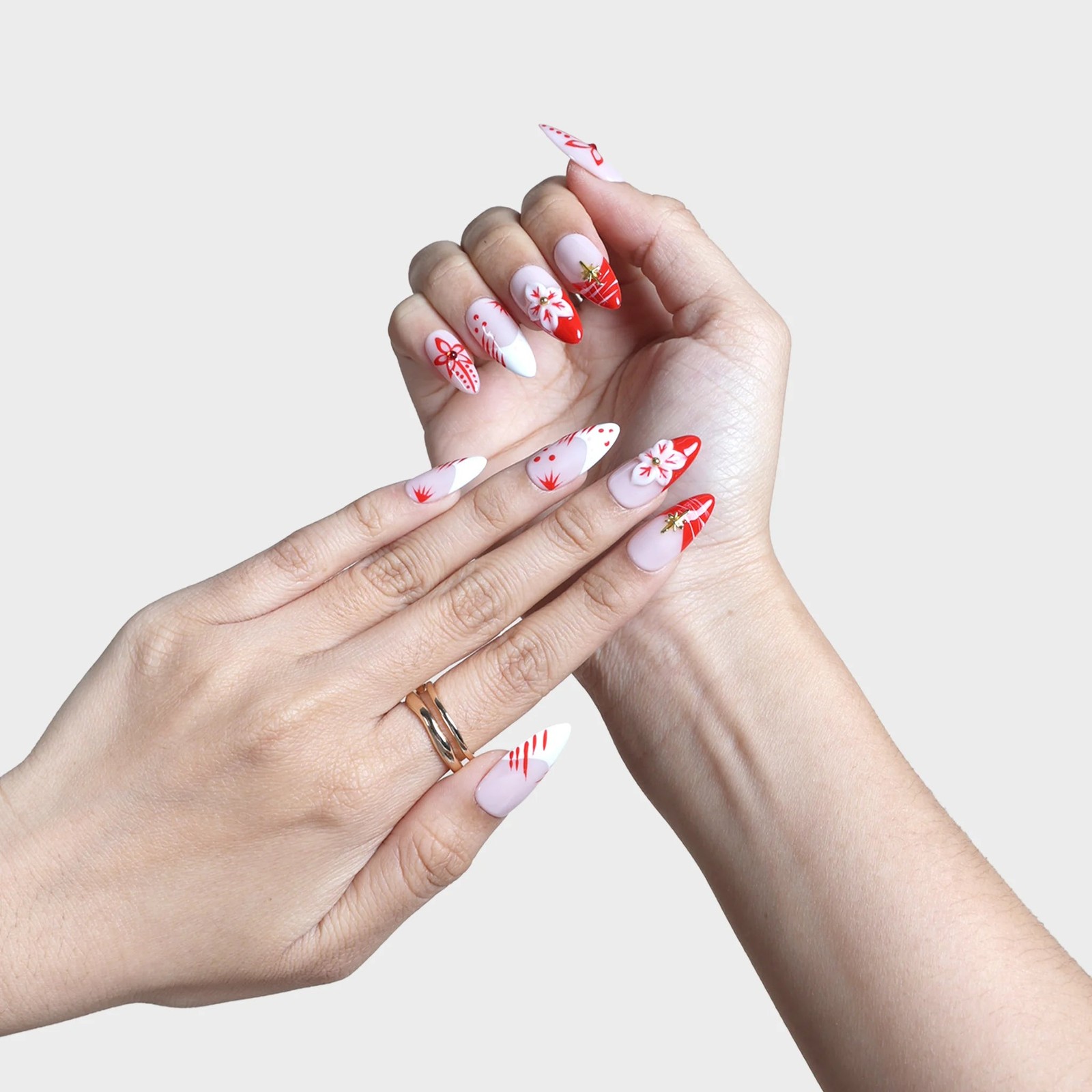 SIYOU Crimson Ink Almond Red, Gold & White Press-On Nails 10pc