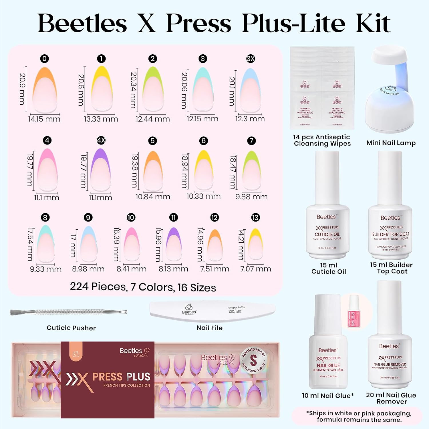 Press on Nails Kit – Short Almond French Tip Nails Kit, 224 Pcs | 7 Colors Rainb
