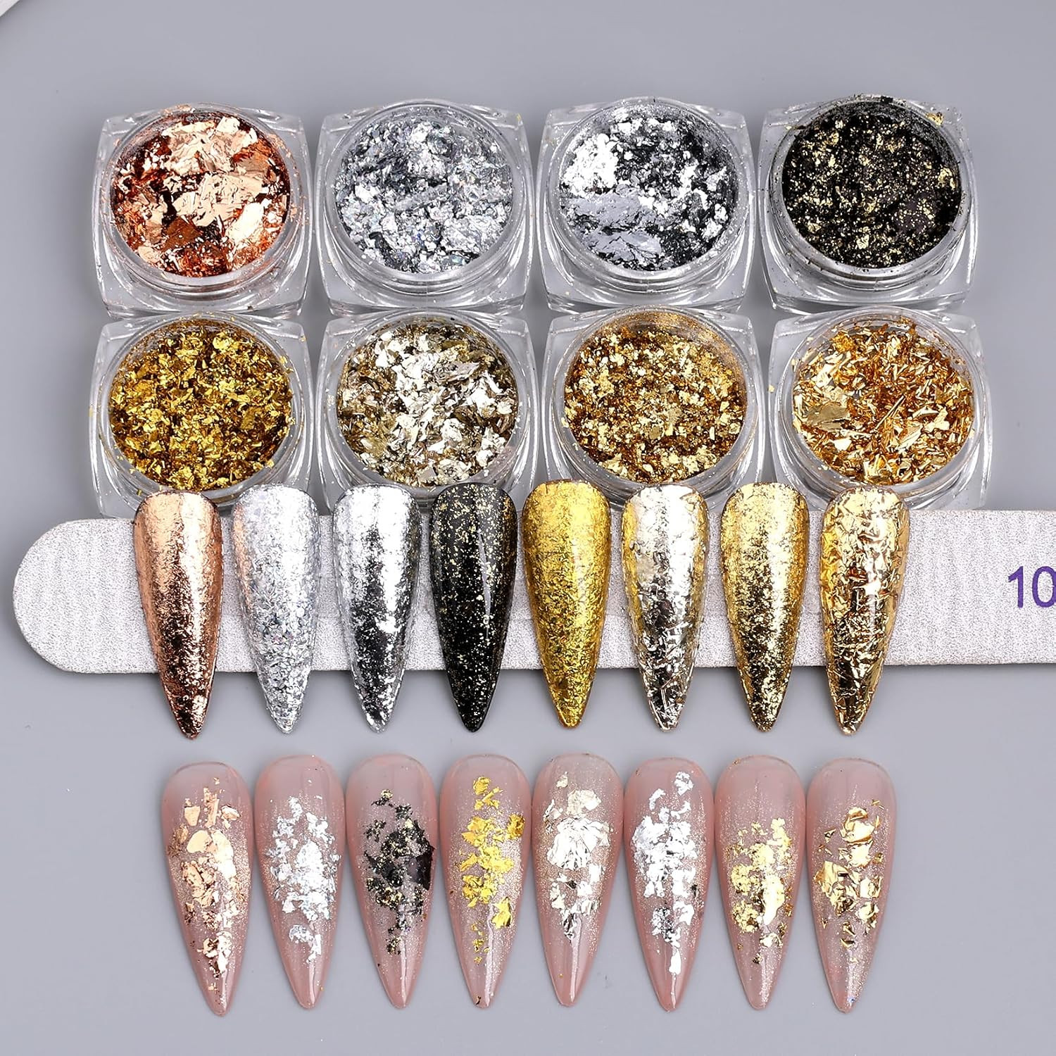 8 Bottles Gold Flakes Nail Glitter Foils Metallic Gold Silver Black Rose Golden