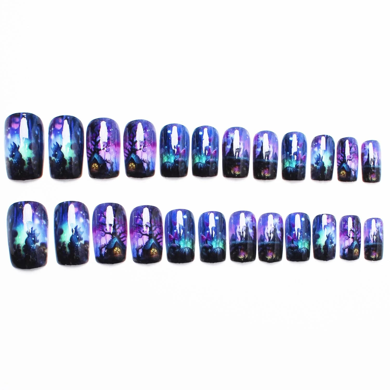 Halloween Press on Nails Medium Square Fake Nails Press Ons Purple Black False N