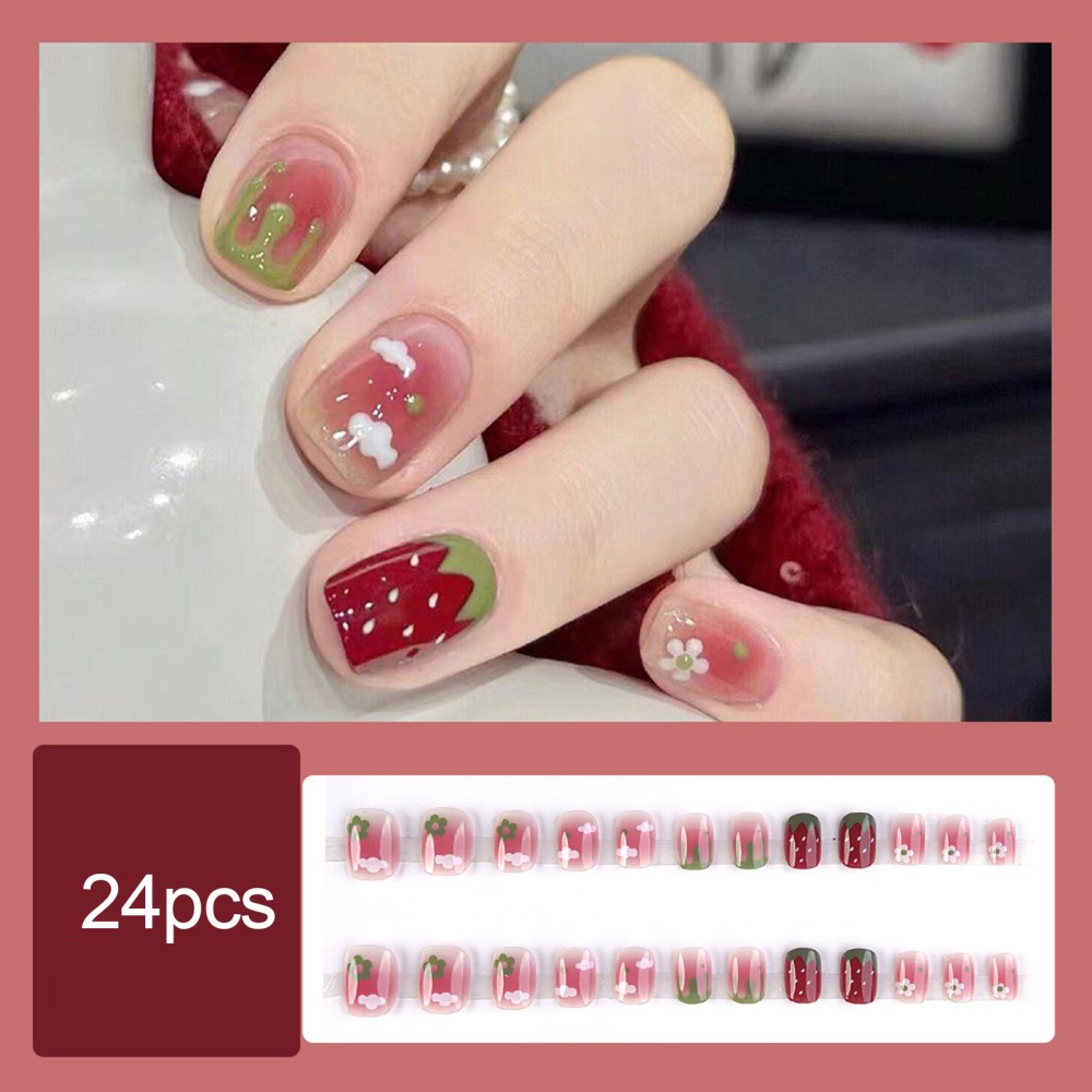 Red Square Fake Nail Blush Pink False Nail with Strawberry Printed Nail Tips