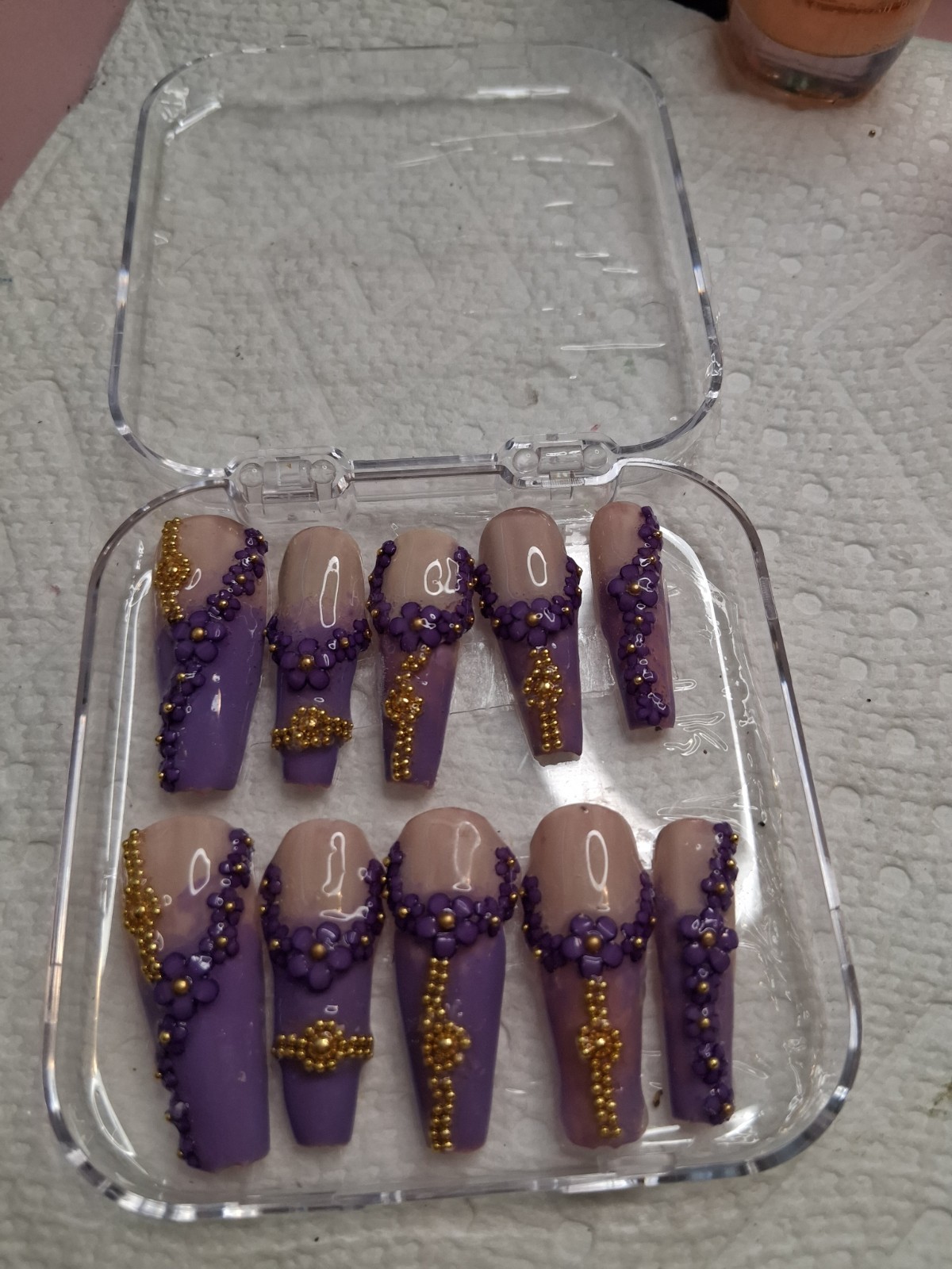 Purple Gold Nude Pre-Designed Press-On Nails Set Long Coffin 3D Shiny Sparkle