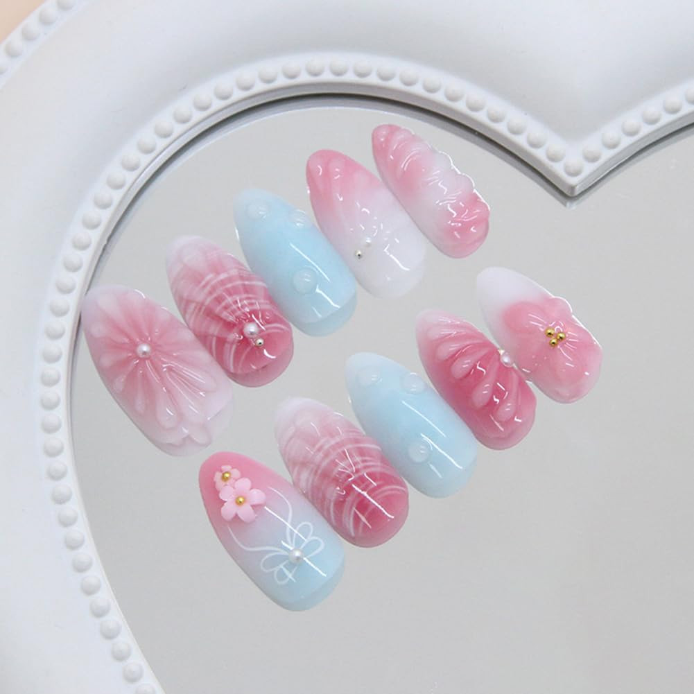 Almond Press on Nails Medium Fake Nails with 3D Ripple Bubble Pink Flower Pearls