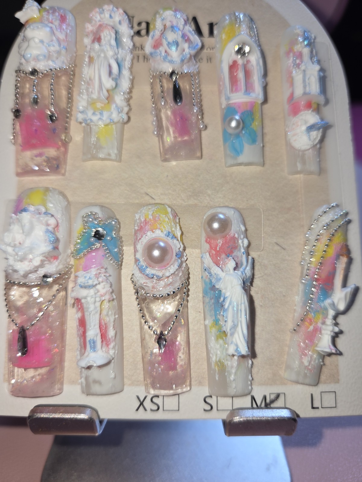 Press On Nails Handmade Medium Angel necklace, rainbow candle castle aqua water.