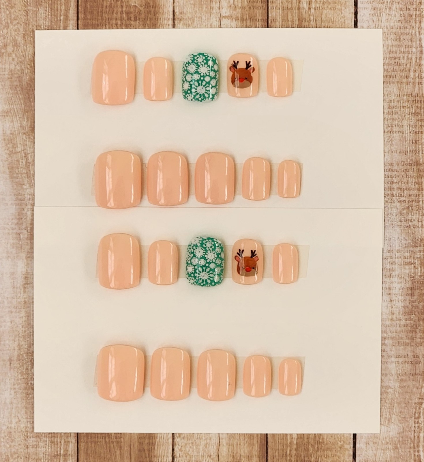 Custom Press On Handmade Gel Nails Peach Deer Snowflake Square Short 20 Tips
