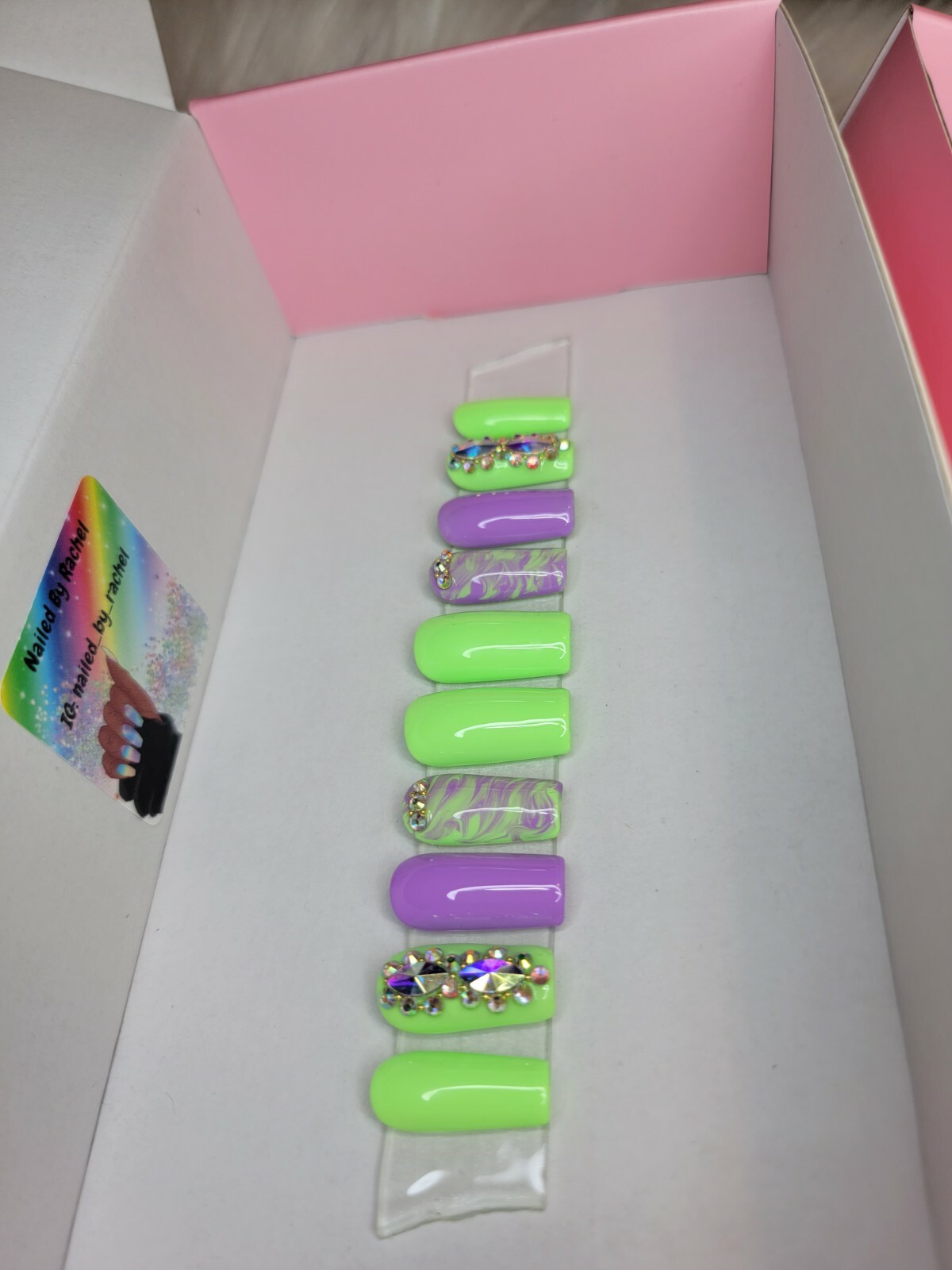 Green & purple marble bling press on nails square watercolor spring pastel nail