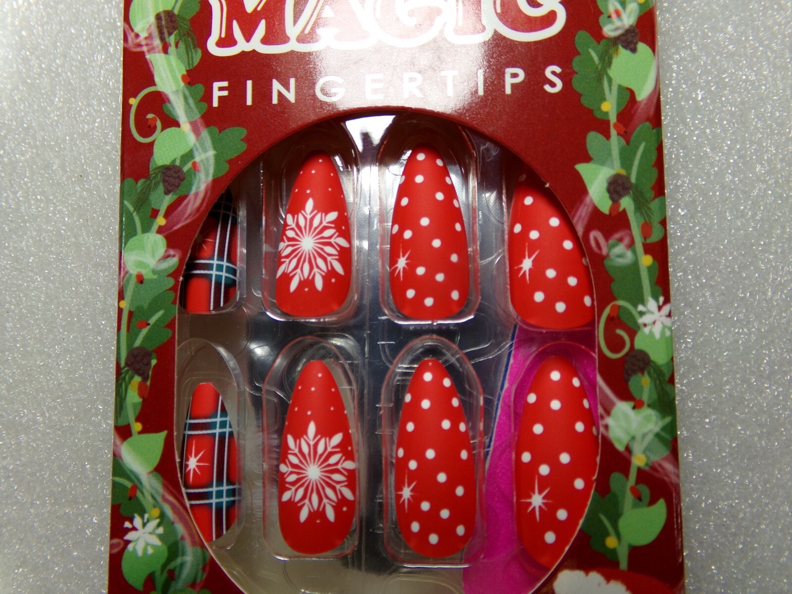 Magic Matte Red Plaid & Snowflakes Accent Glue on Nail Long