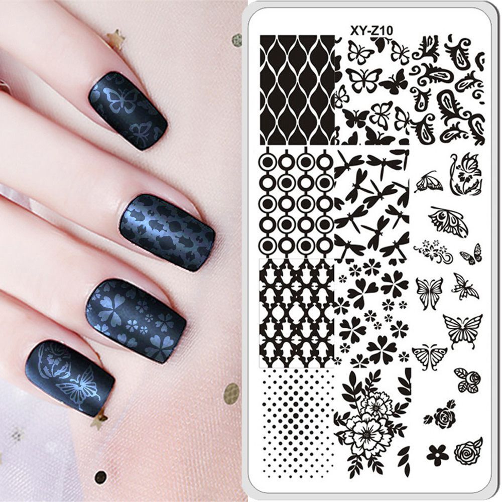 Dragonfly Butterfly Nail Art Stamping Plates Dots Plaid Flowers Metal Nail Plate