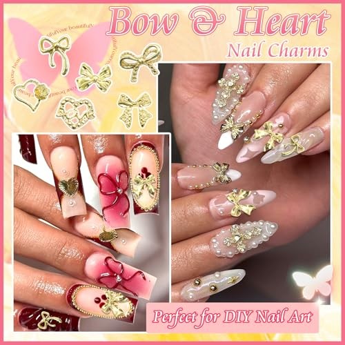 110Pcs Bow Heart Nail Charms Gold 3D Metal Bow Charm for Nails Flatback Heart