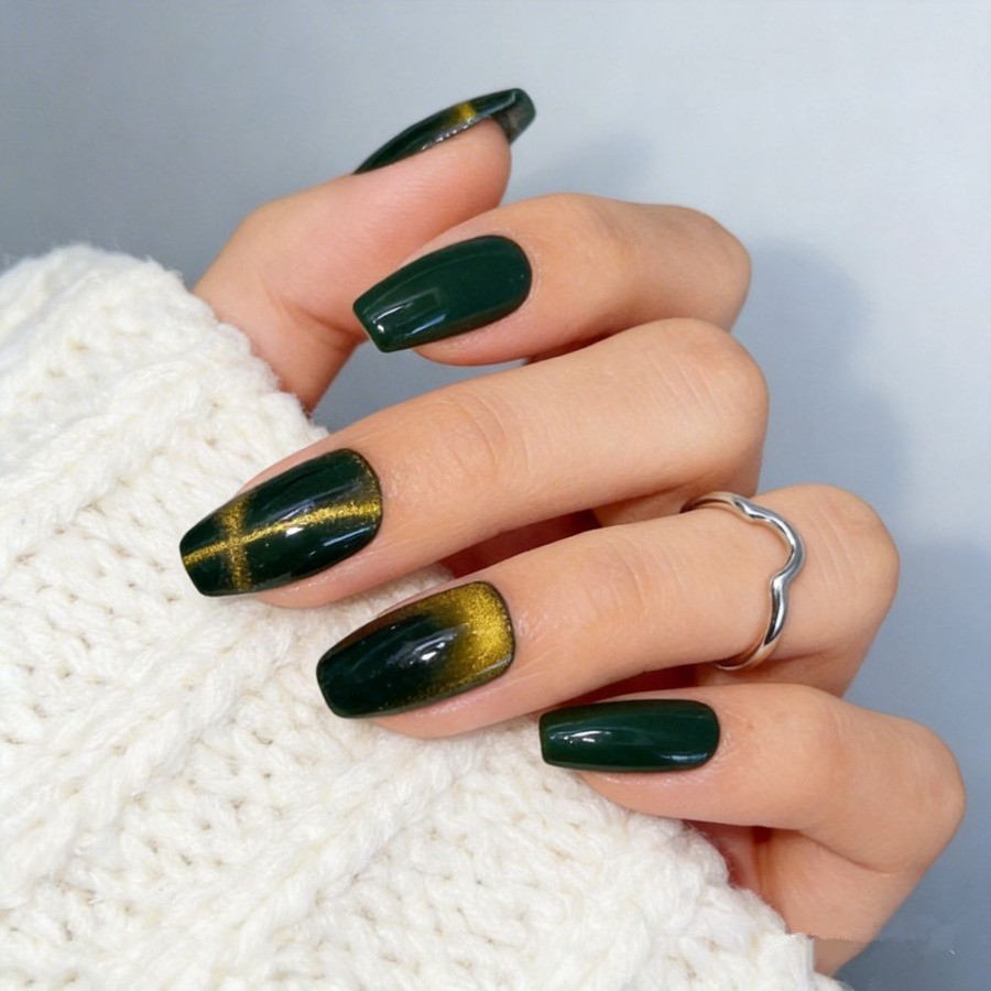 48pcs-Dark Green Fake Nails with Gold Gradient and Cross Design, Medium Length