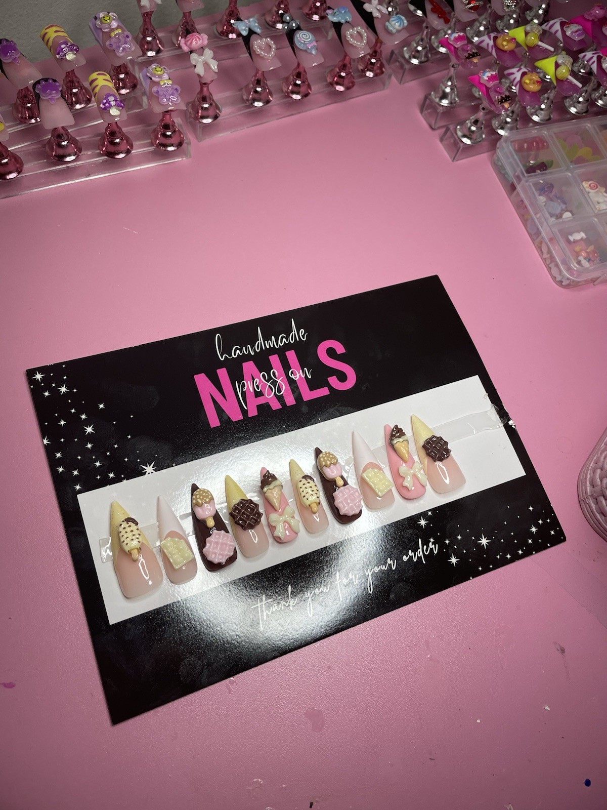 Pink Nude Brown White 3D Ice Cream Press-On Nails Long Stiletto Full Cover Set