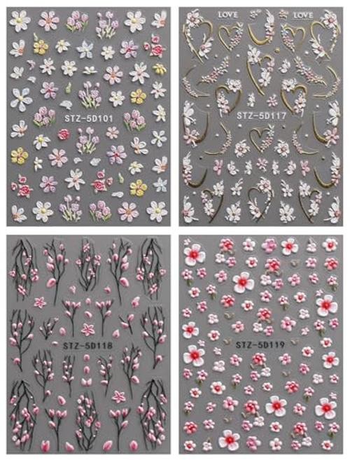 3D Embossed Flower Nail Art Stickers Decals Self-Adhesive 5D Spring Summer