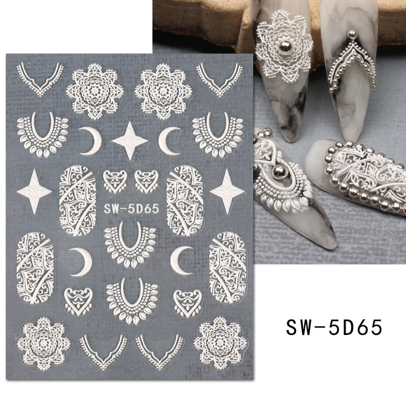 5D Embossed Retro Lace Totem Pendant Jewelry Flower Moon Nail Art Stickers NS53