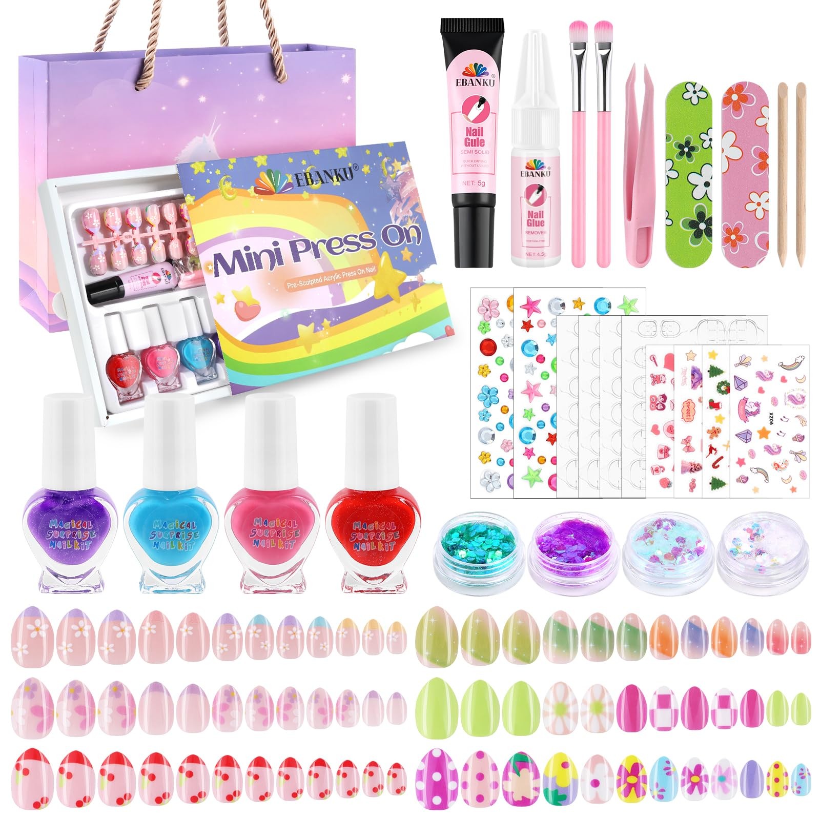 EBANKU 144 Pcs Press on Nail Kids Gift Box with 4pc Nail Polishs