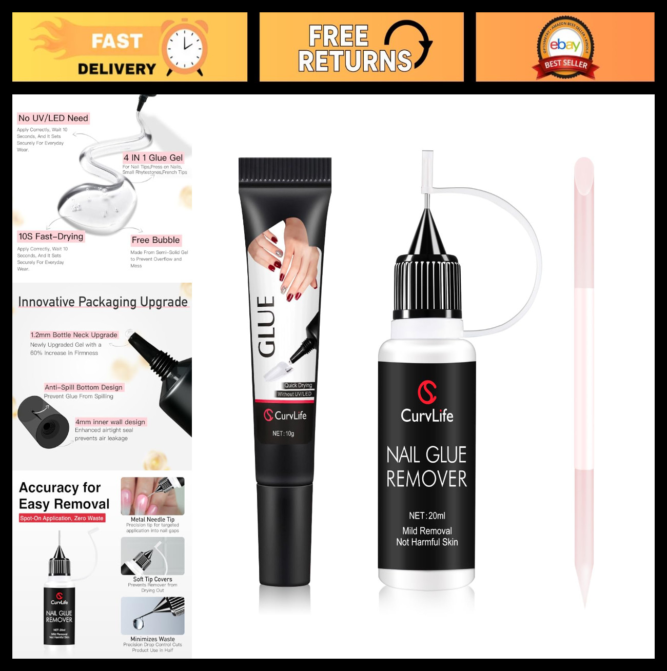 10g Nail Glue Gel & 20ml Remover Kit – Press On Nails, Cuticle Pusher, Glass Fil