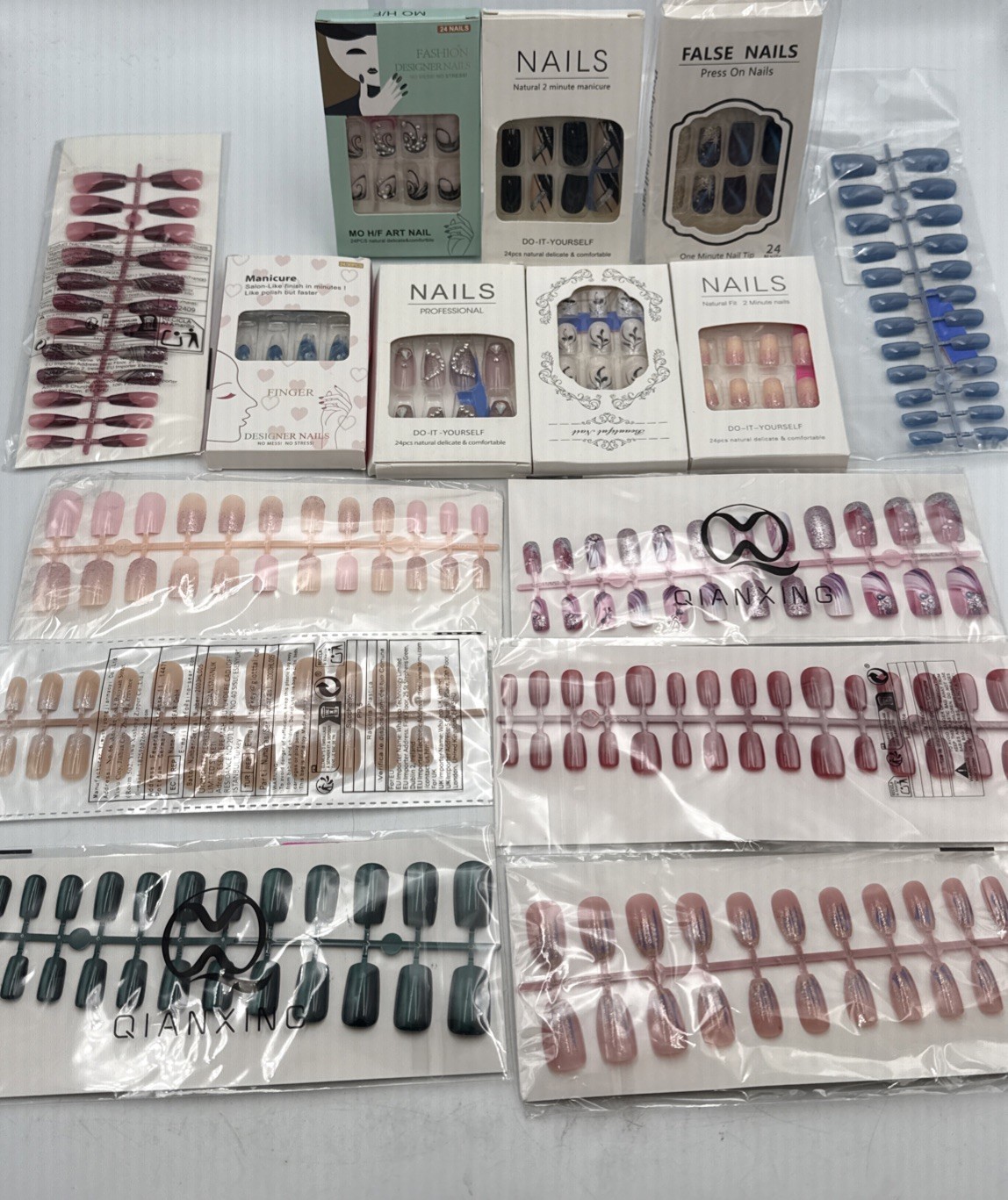 Lot of 15 Nail Sets – Glue On. Various Shapes, Colors, Designs