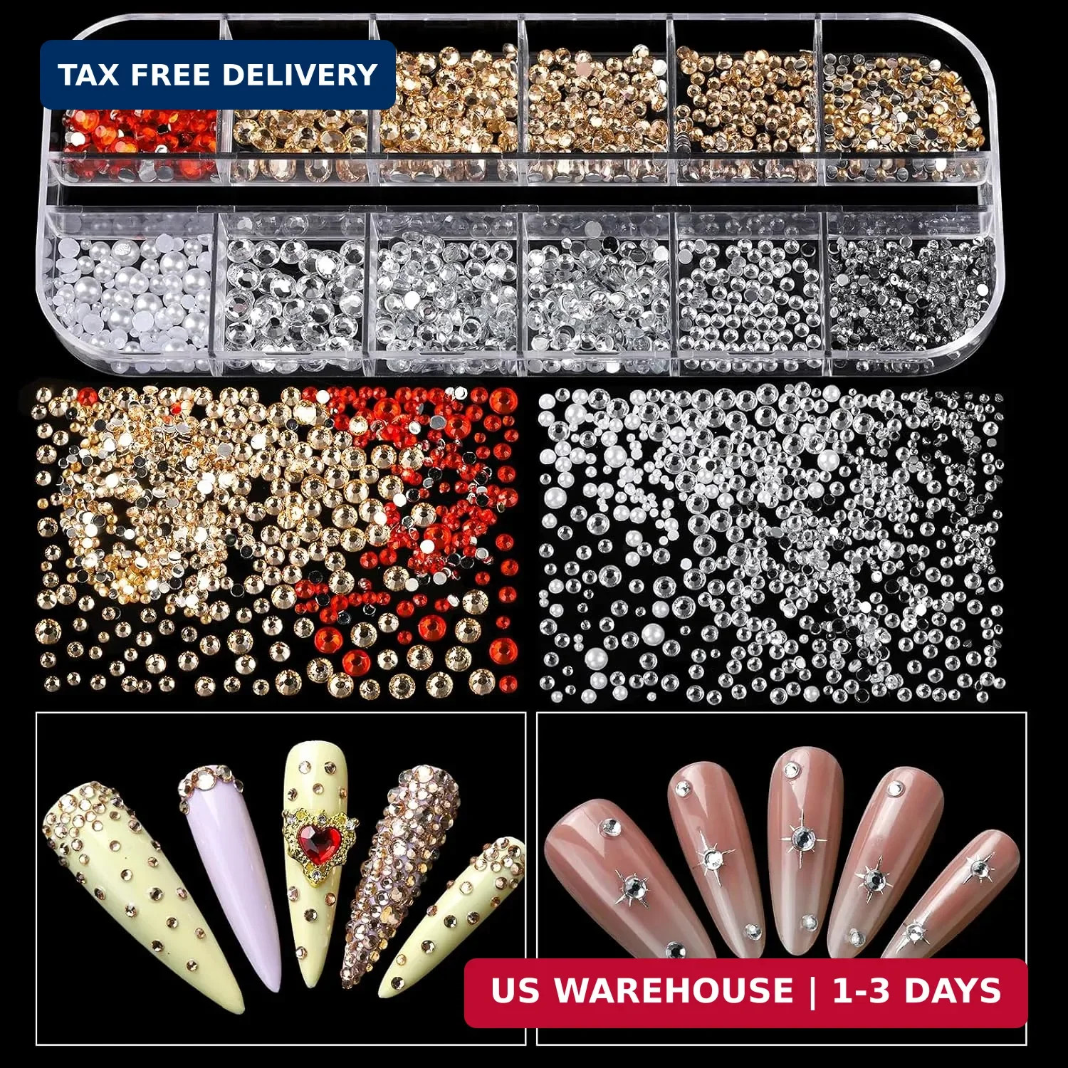 Teenitor Nail Charms and Gems with Nail Stickers, 6 Boxes Silver & Gold Nail Gem