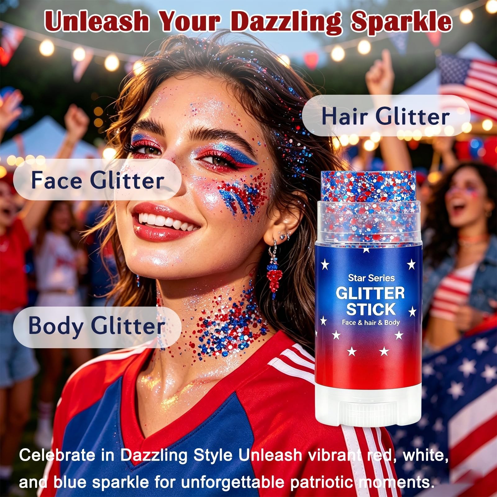 4th of July Body Glitter Stick – Red White Blue Star Face & Hair Glitter for Kid