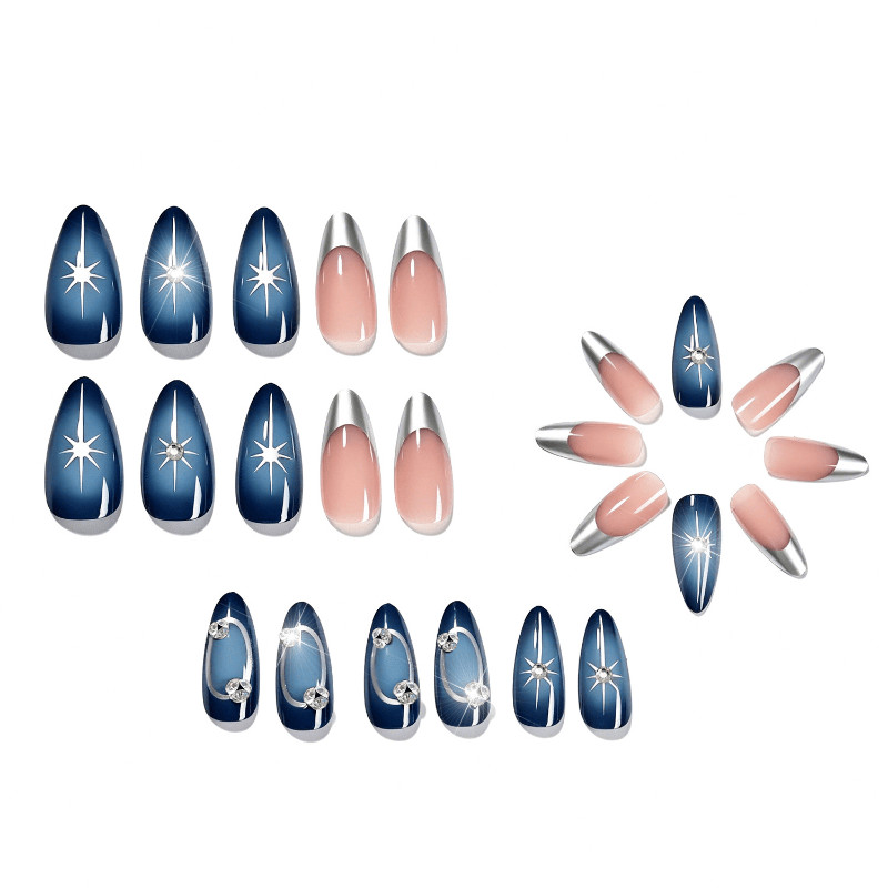 48pcs Almond Press on Nails, Blue Silver Ombre Star Rhinestone Elegant Nails