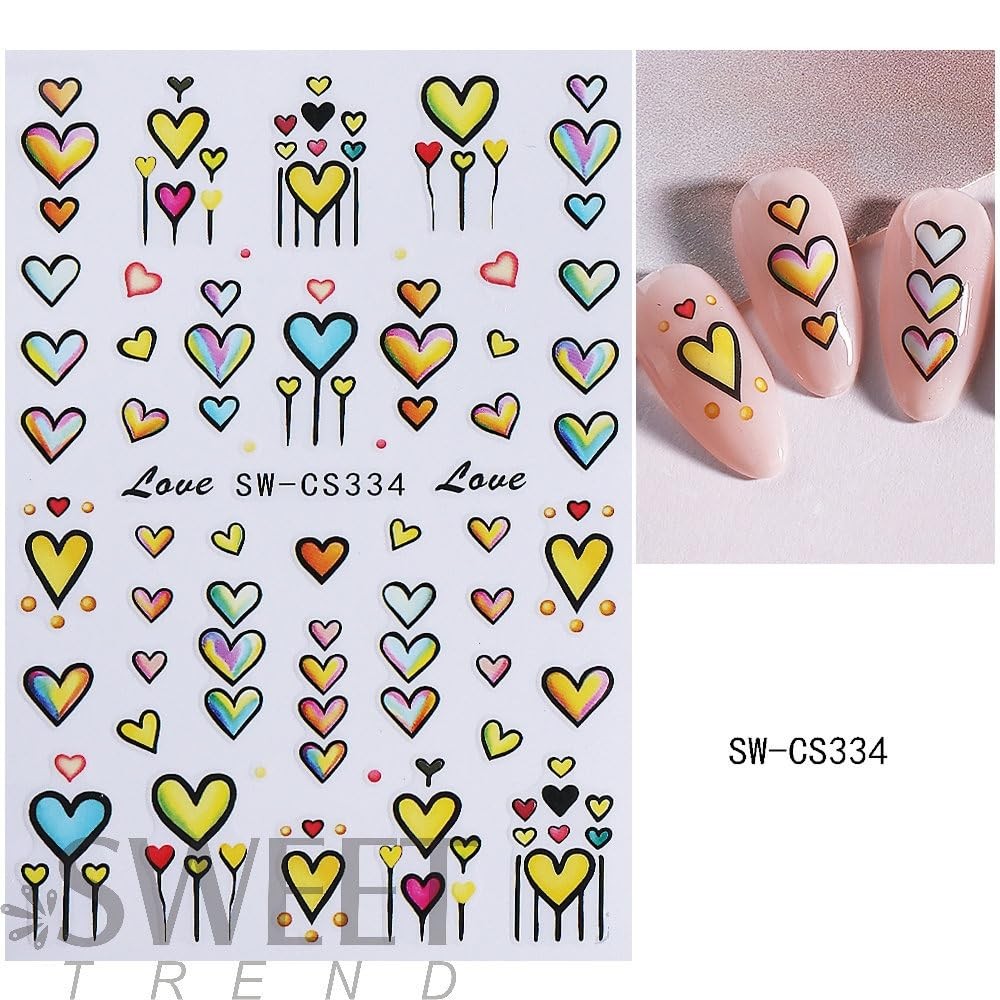 4 Sheets Valentine’s Day Nail Stickers Red Hearts Nail Decals Cute Yellow Lov…
