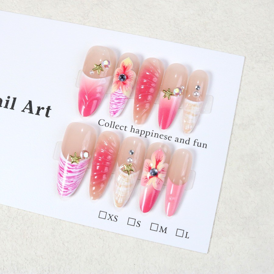 Press on Nail – Pink White Gradient, Mid To Long Vacation Nail, 48 Piece Set