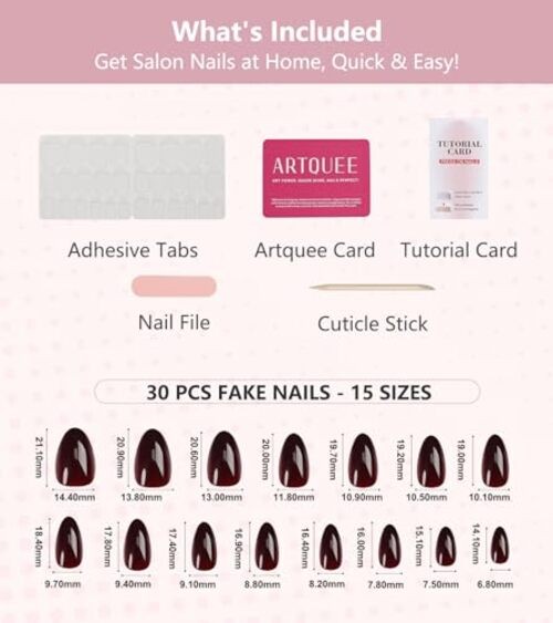 Press on Nails Short Burgundy Almond False Tips Glossy Burgundy – Almond