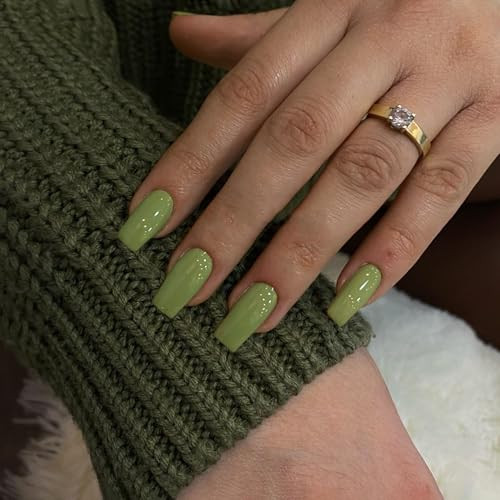 Glossy Olive Green Press on Nails Long Medium Square, Pure glossy olive green