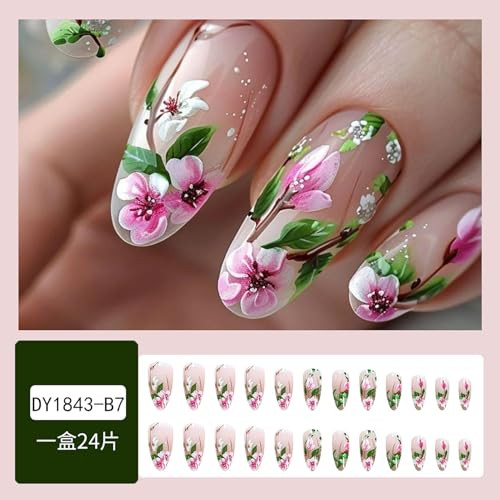 24Pcs Almond Shaped Press on Nails Flower Fake Nails Medium Length Glue on
