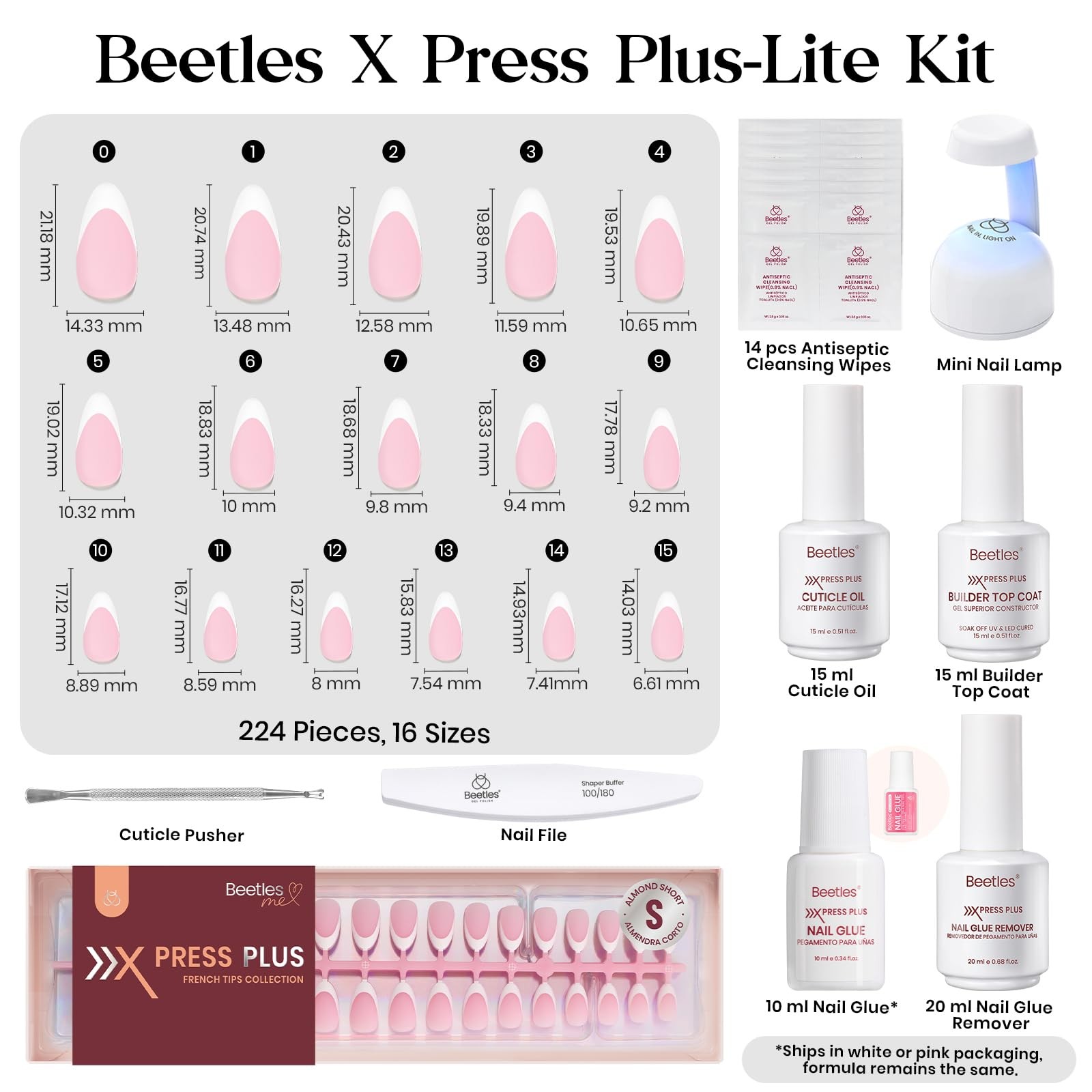 Beetles Short Almond, B – Press On Nail Kit | Amlond | Pink French