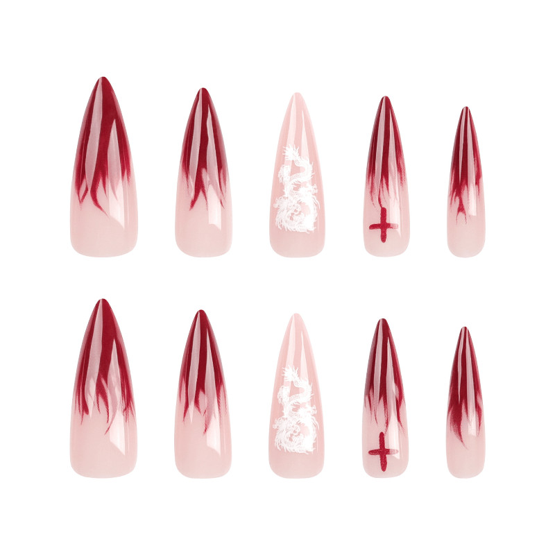 48pcs Stiletto Press on Nails, Wine Red Flame Cross Ombre Gothic Trend Nails