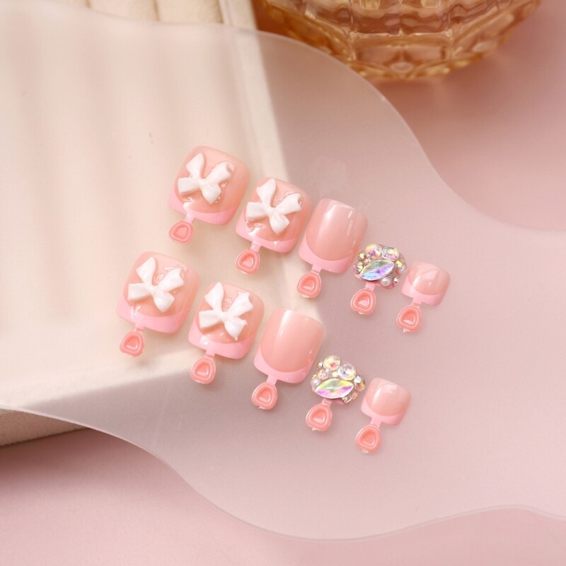 24 Pieces Short Square False Toenails With Glitters Rhinestones Embellishments