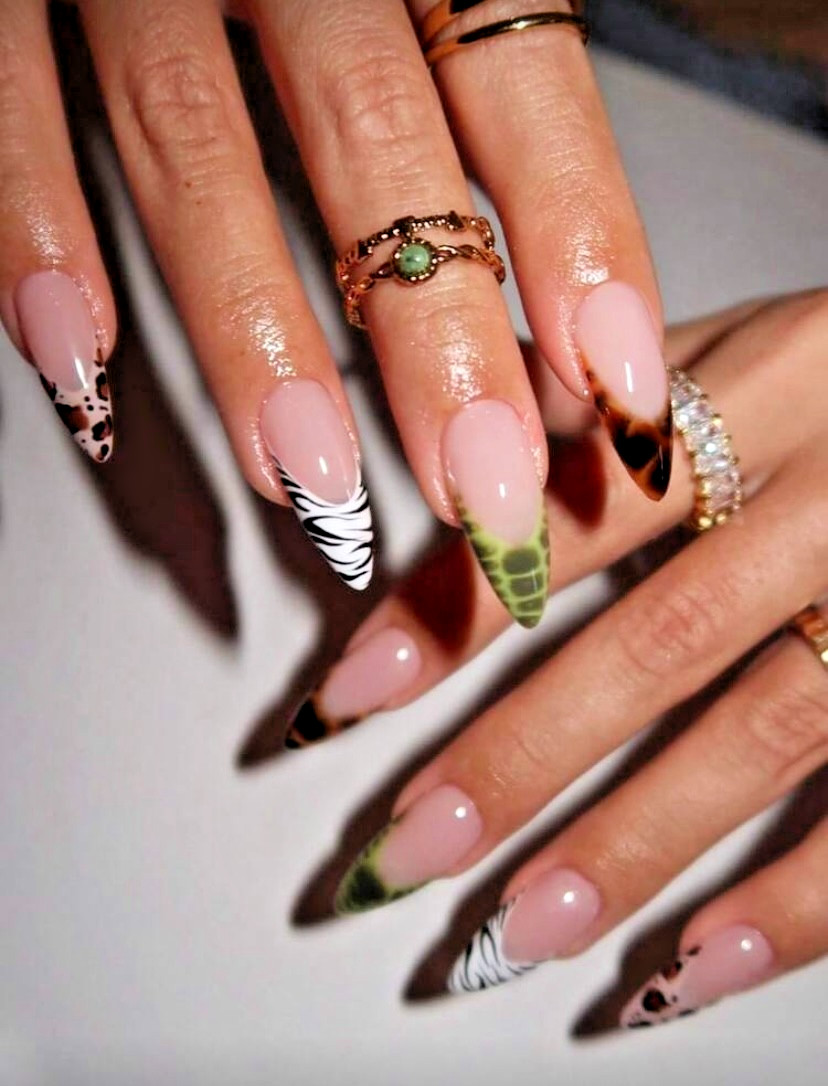 24pcs Long Animal Print Brown, Green, White French Manicure Press-On Nails New